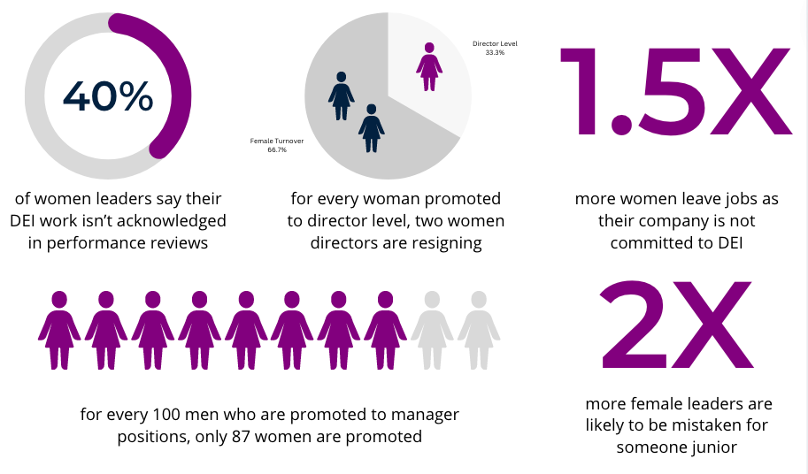 A visual of statistics and graphs about women in business and insurance