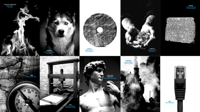 Imge representing 10 historical events. The photo is divided in 10 with each part reffering to 1 of the 10 historical events